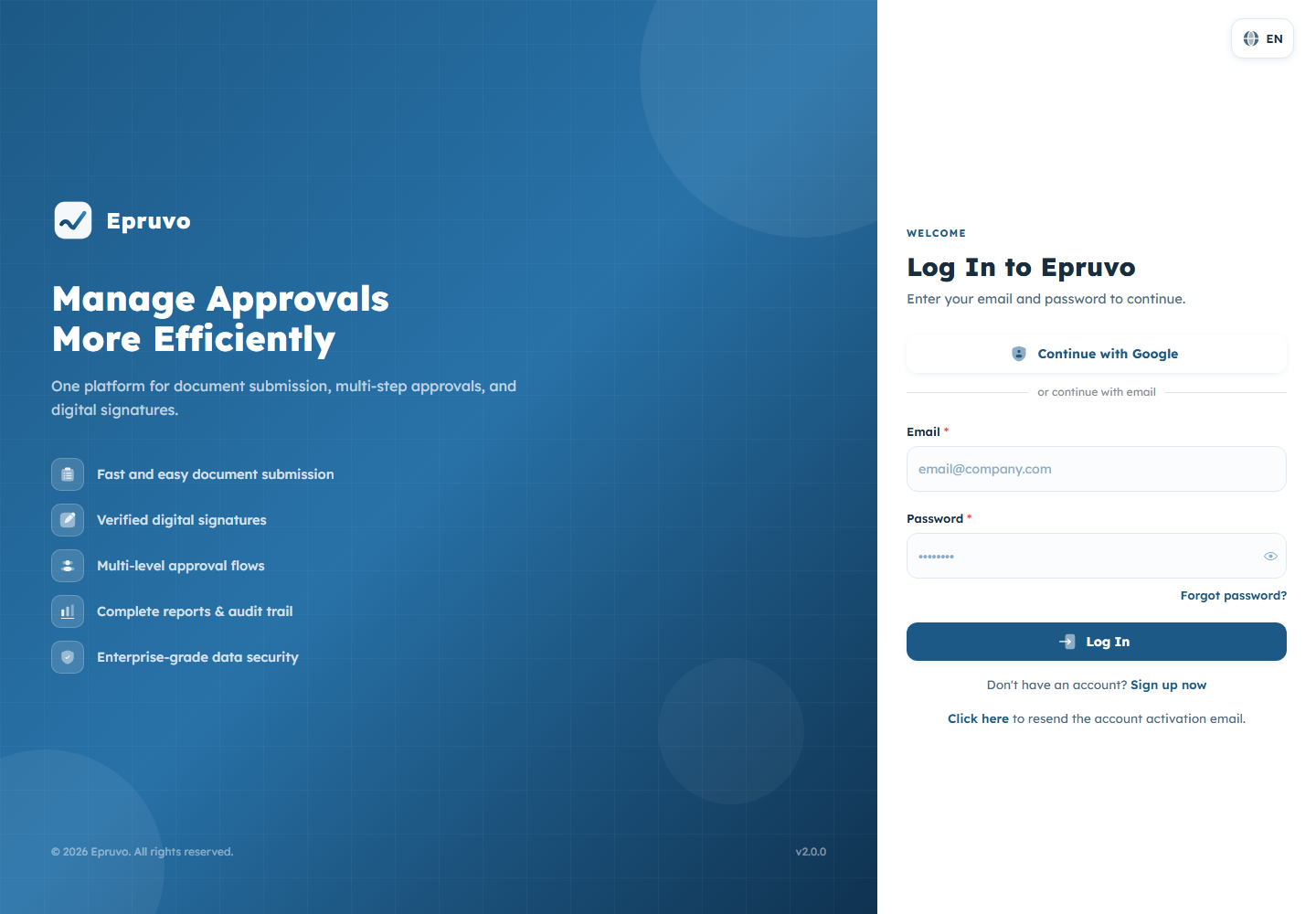 The Epruvo login page with the Email and Password fields and the Log In button