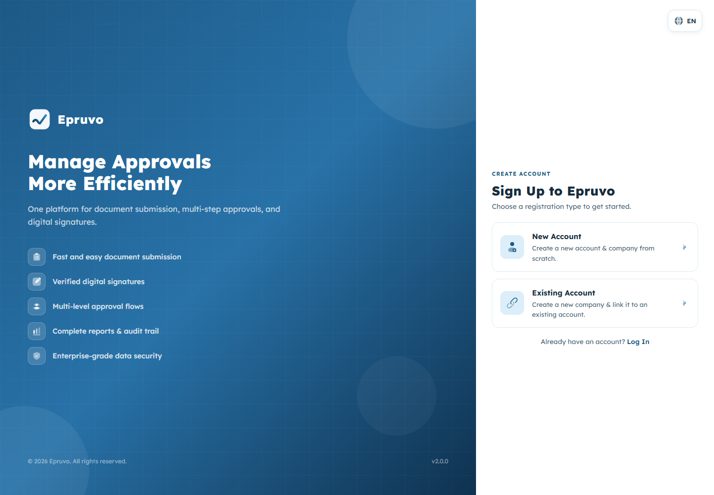 The registration page showing the New Account and Existing Account choices