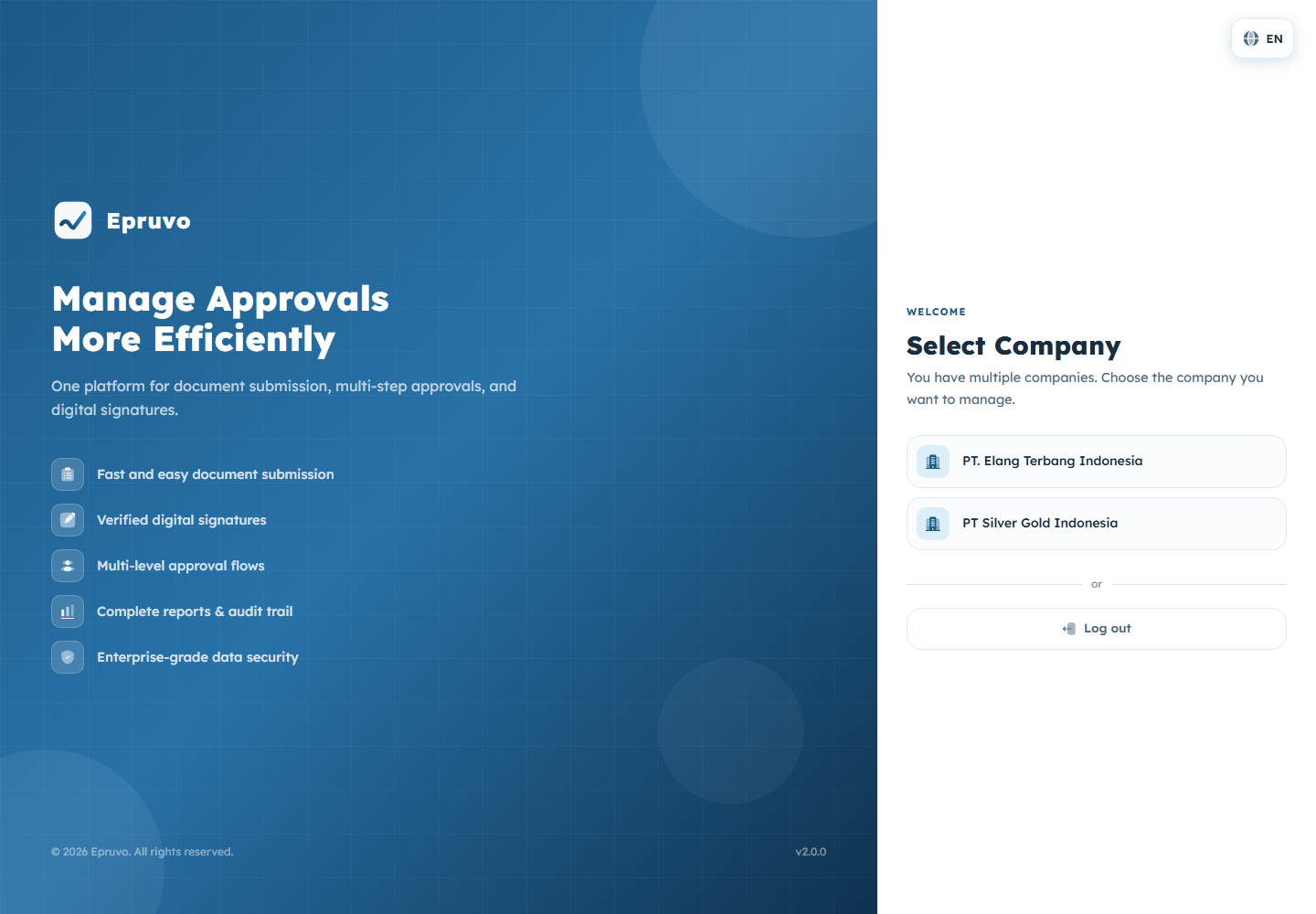 The Select Company page listing the companies the account belongs to