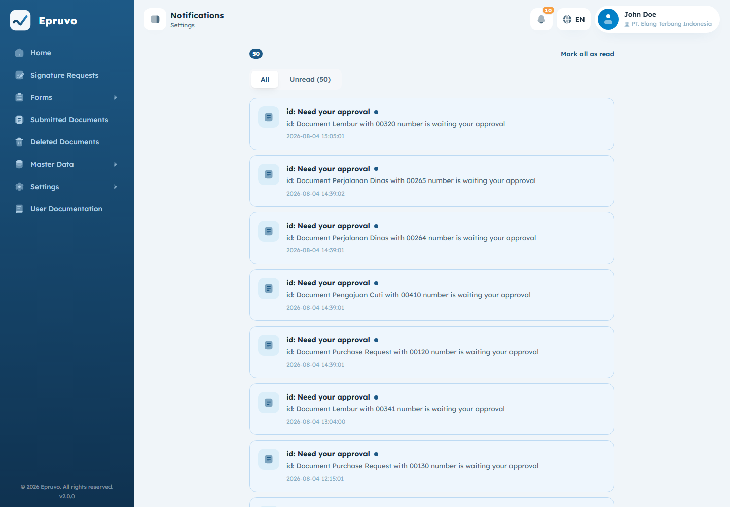 The notification list page with the All and Unread filters and the Mark all as read button
