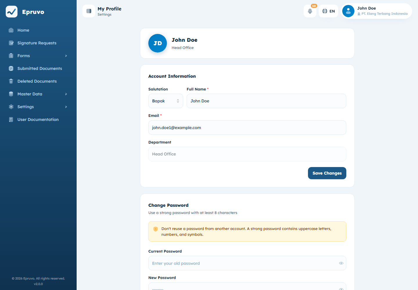 The Profile page: an avatar card, Account Information, and the Change Password card