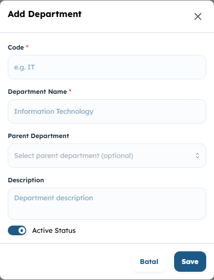 The Add Department dialog with Code, Department Name, Parent Department, and Description