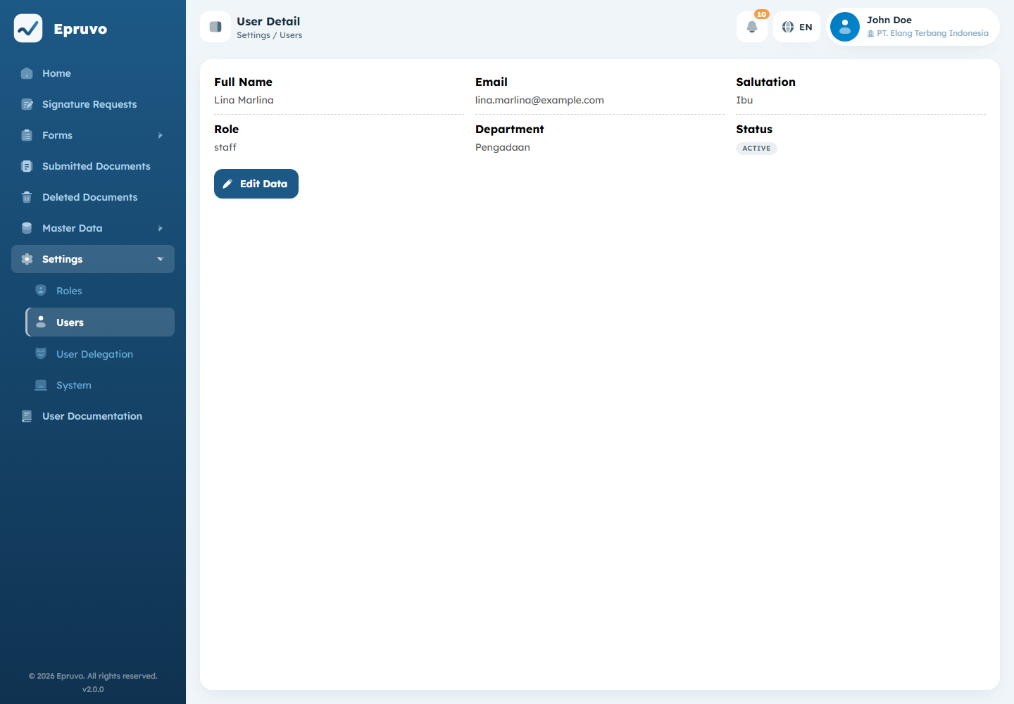 A user detail page showing the stored details and the Edit Data button