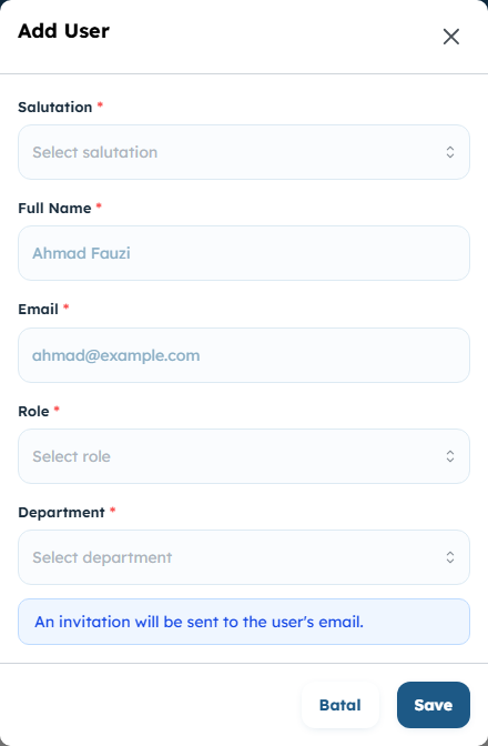 The Add User dialog with salutation, full name, email, role, and department fields