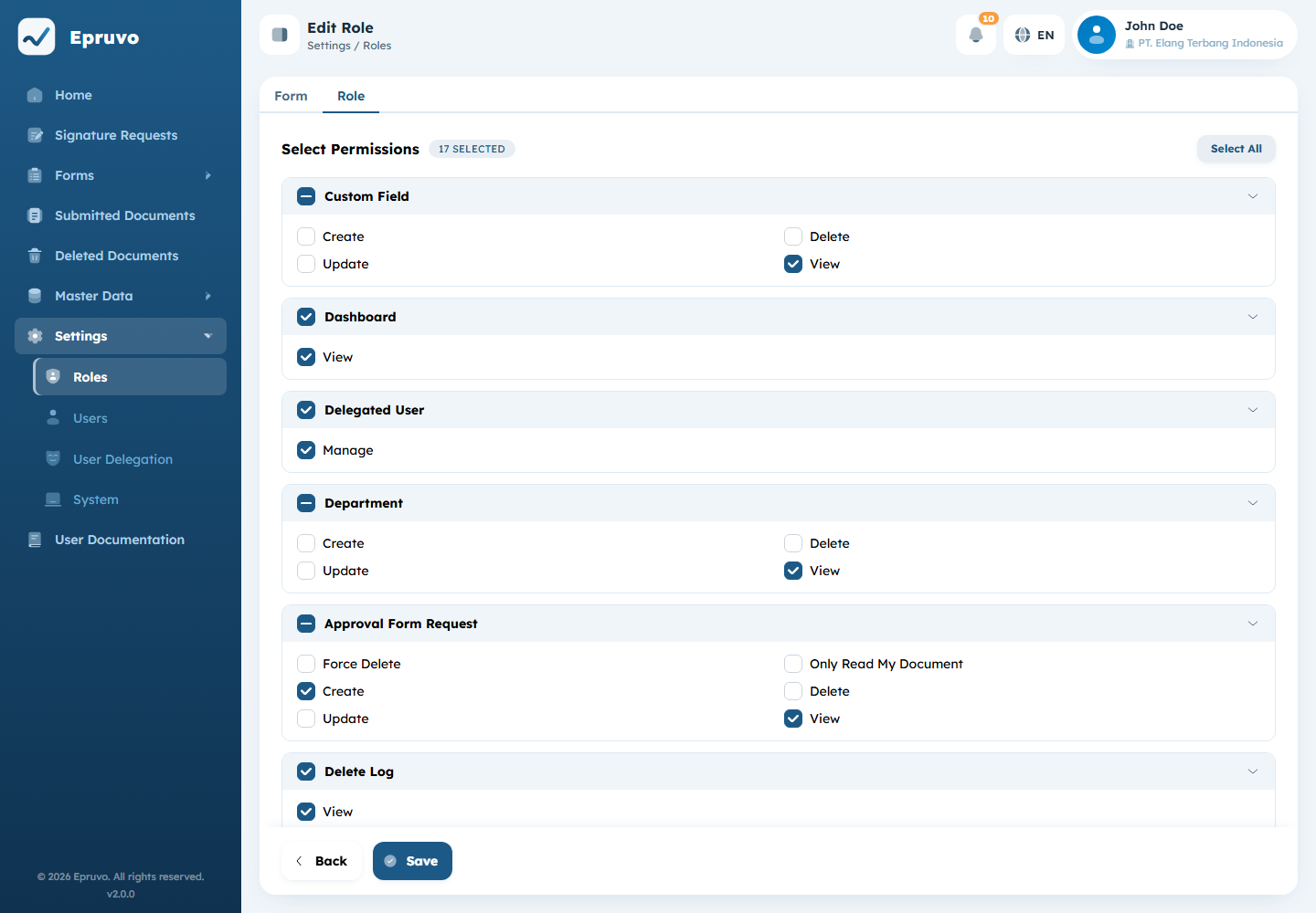 The permission matrix grouped by area, with Select All and Deselect All