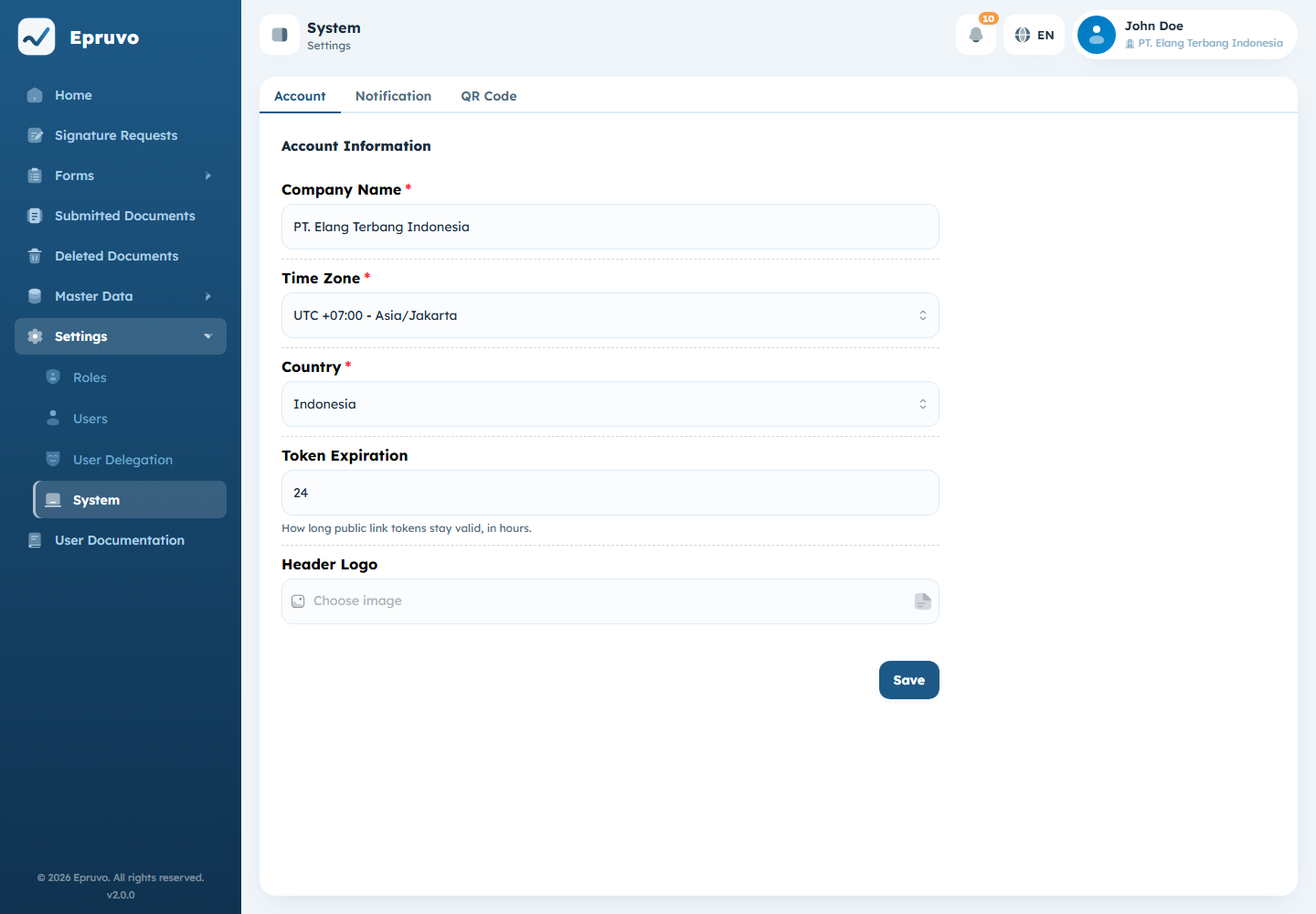 The Account tab of System settings with company name, country, time zone, token expiration, and header logo
