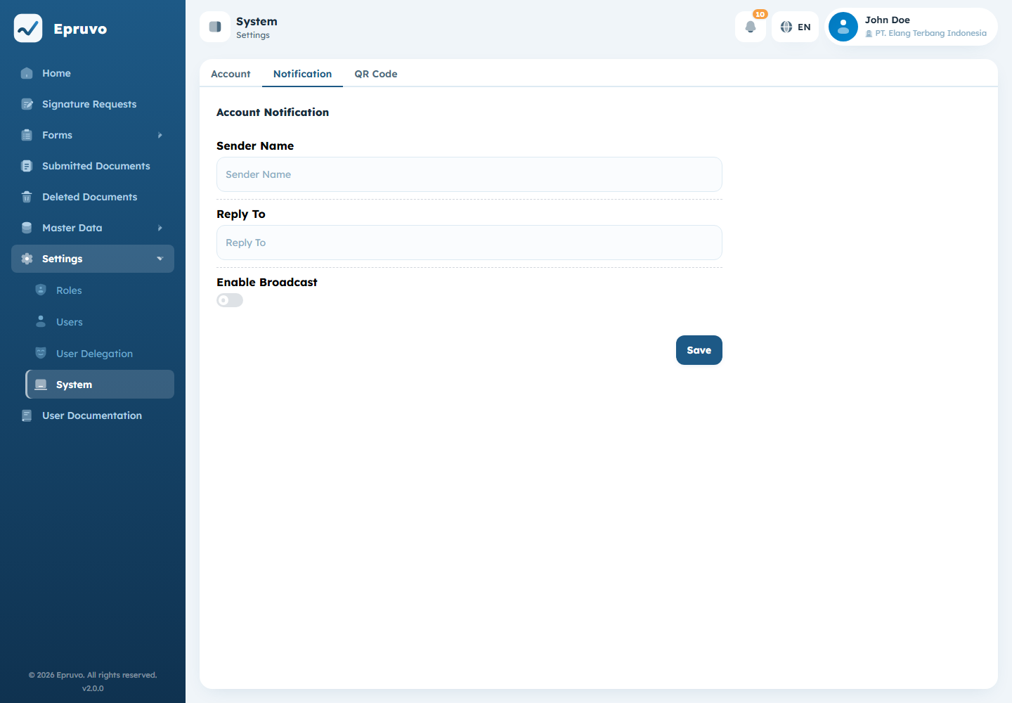 The Notification tab with sender name, reply-to address, and the broadcast controls
