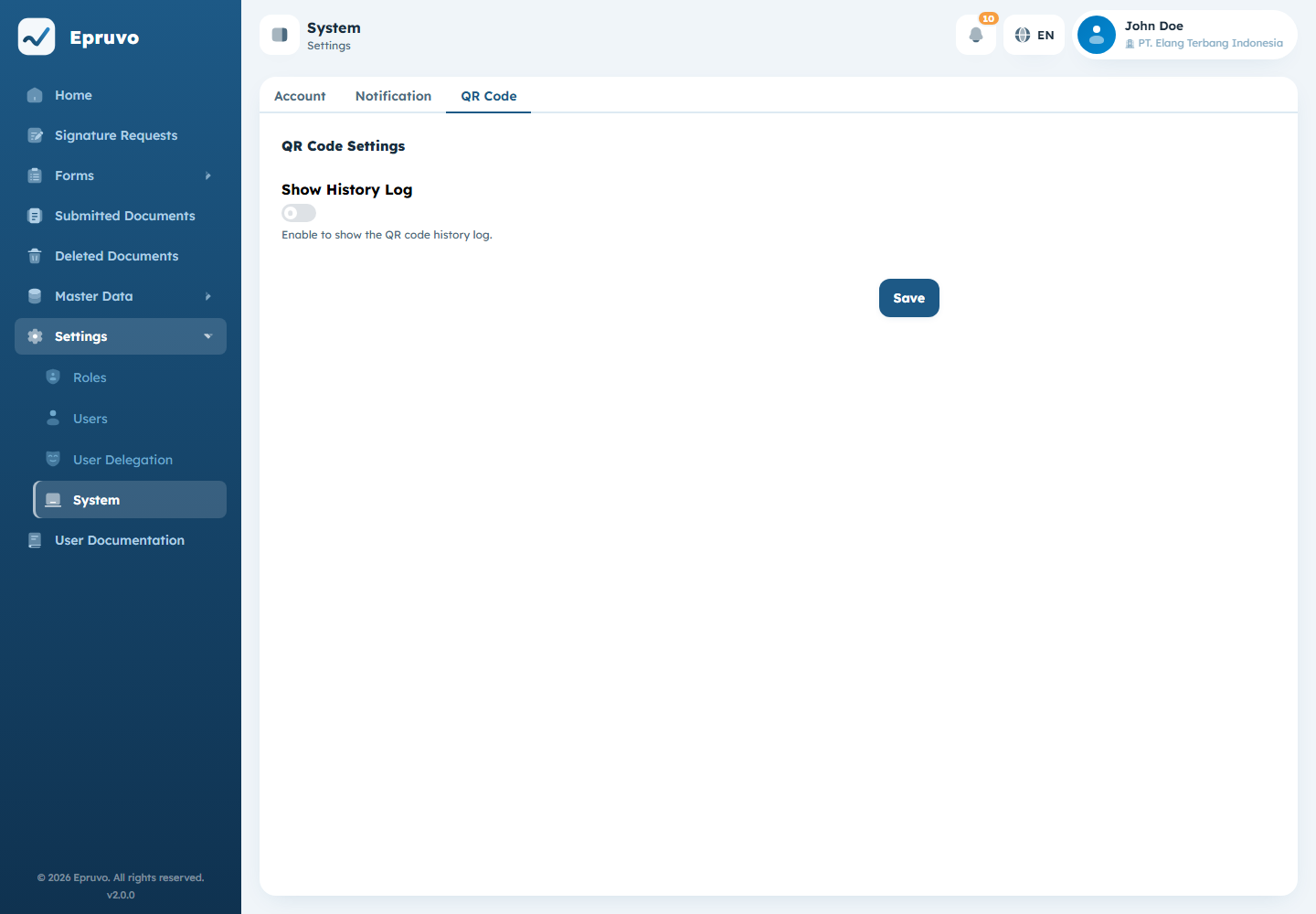 The QR Code tab with the Show History Log switch