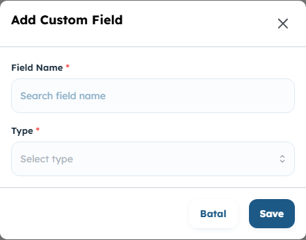 The Add Custom Field dialog with field name, type, and the options box