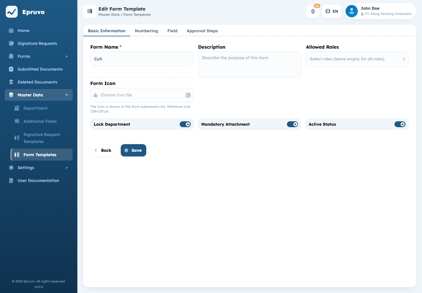 The Basic Information tab with form name, description, allowed roles, and the switches