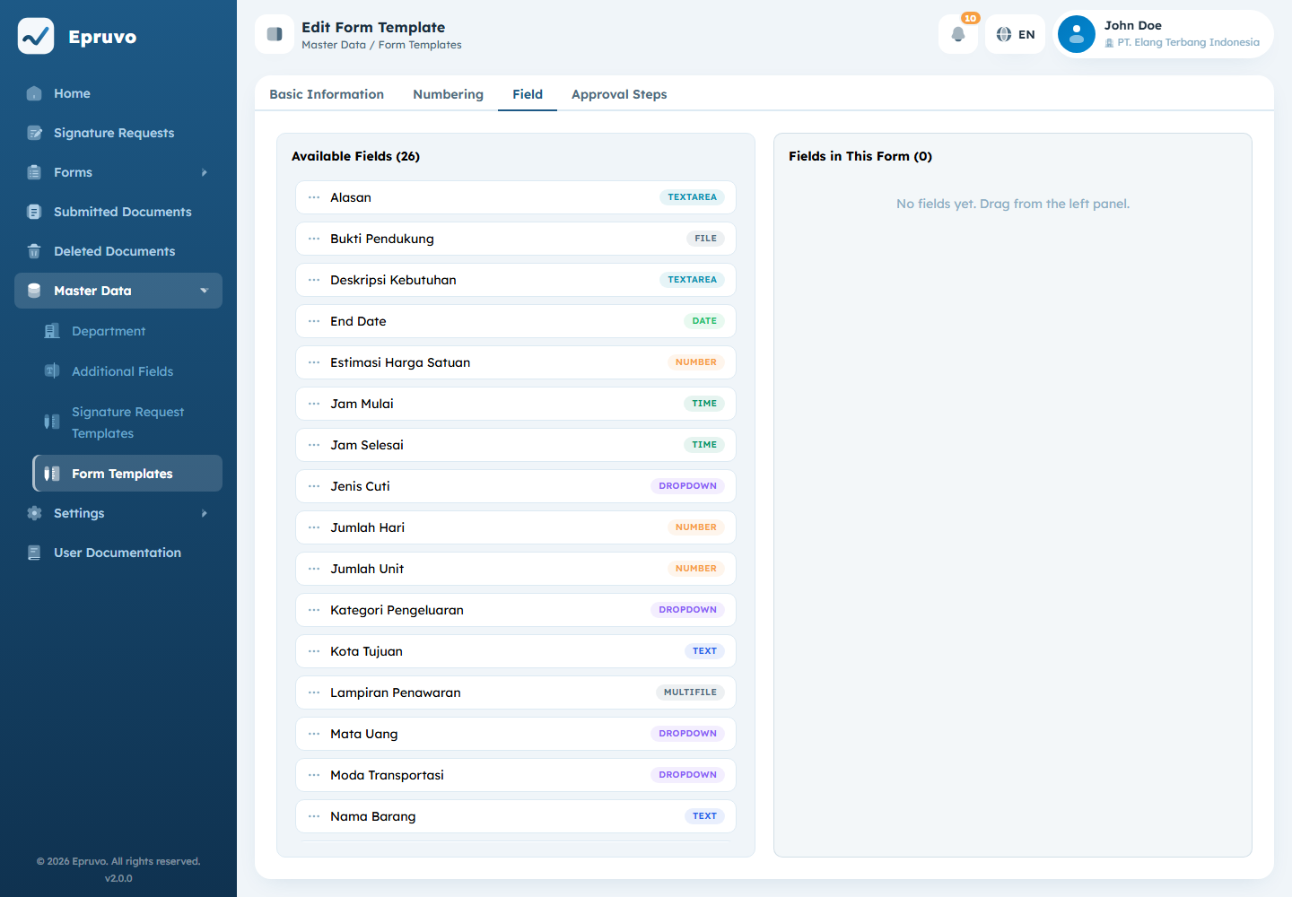 The Field tab with available fields on the left and the form's chosen fields on the right