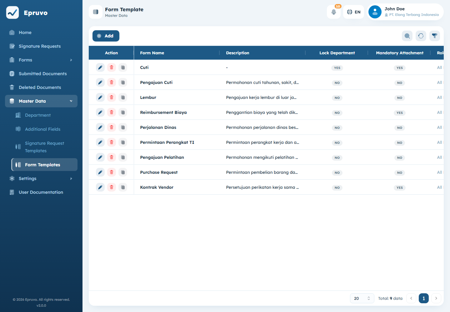 The Form Templates list with form name, description, and status