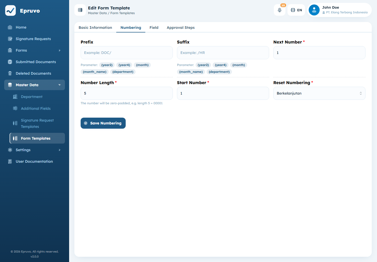 The Numbering tab with prefix, suffix, next number, number length, and reset options