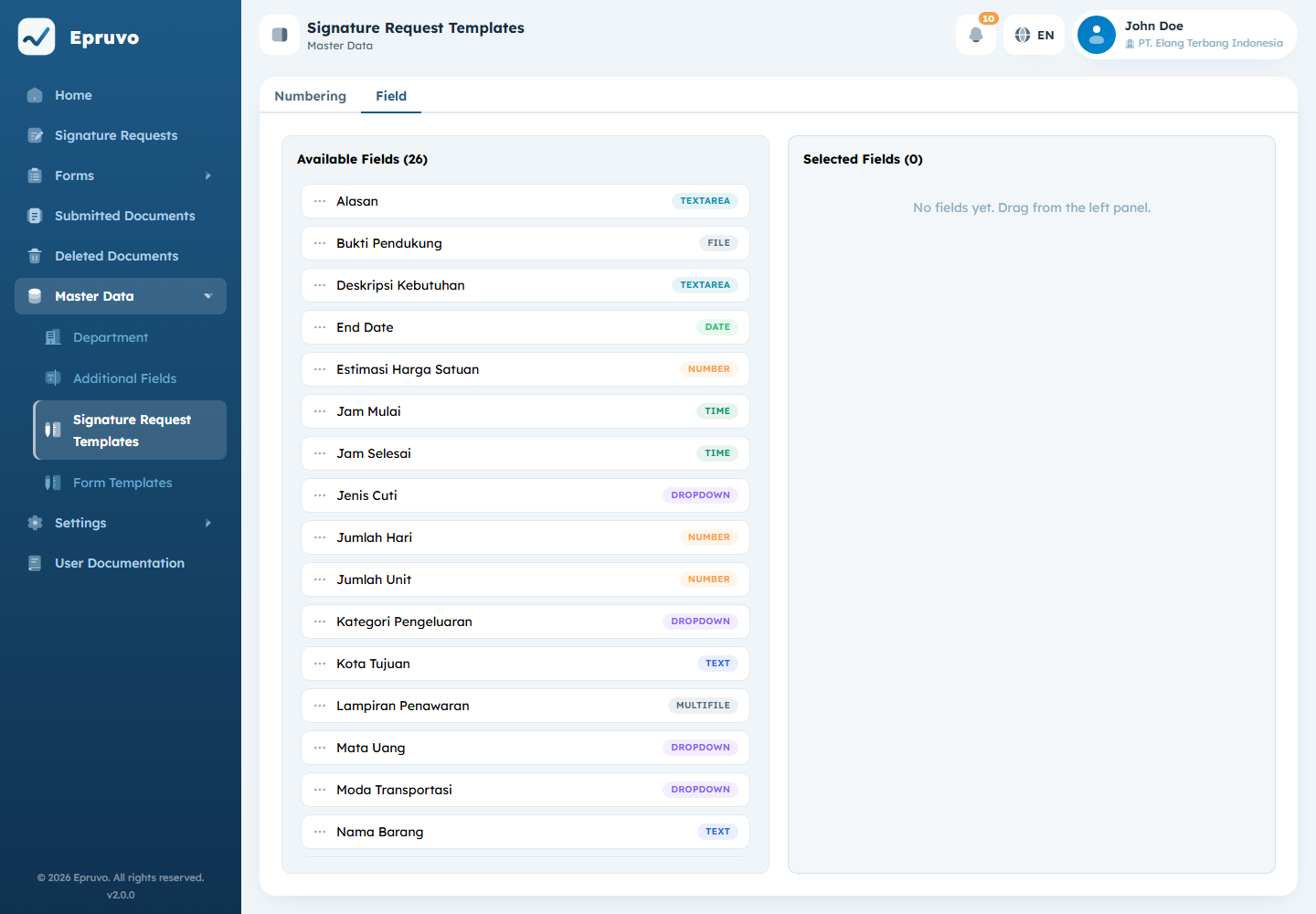 The Field tab with available fields on the left and the chosen fields on the right
