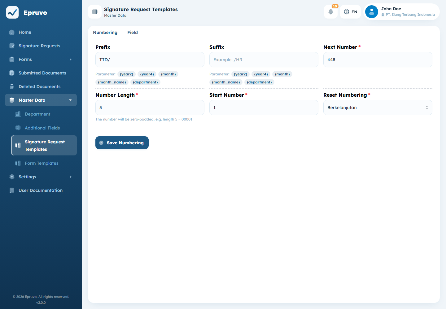 The Signature Request Templates page with the Numbering and Field tabs