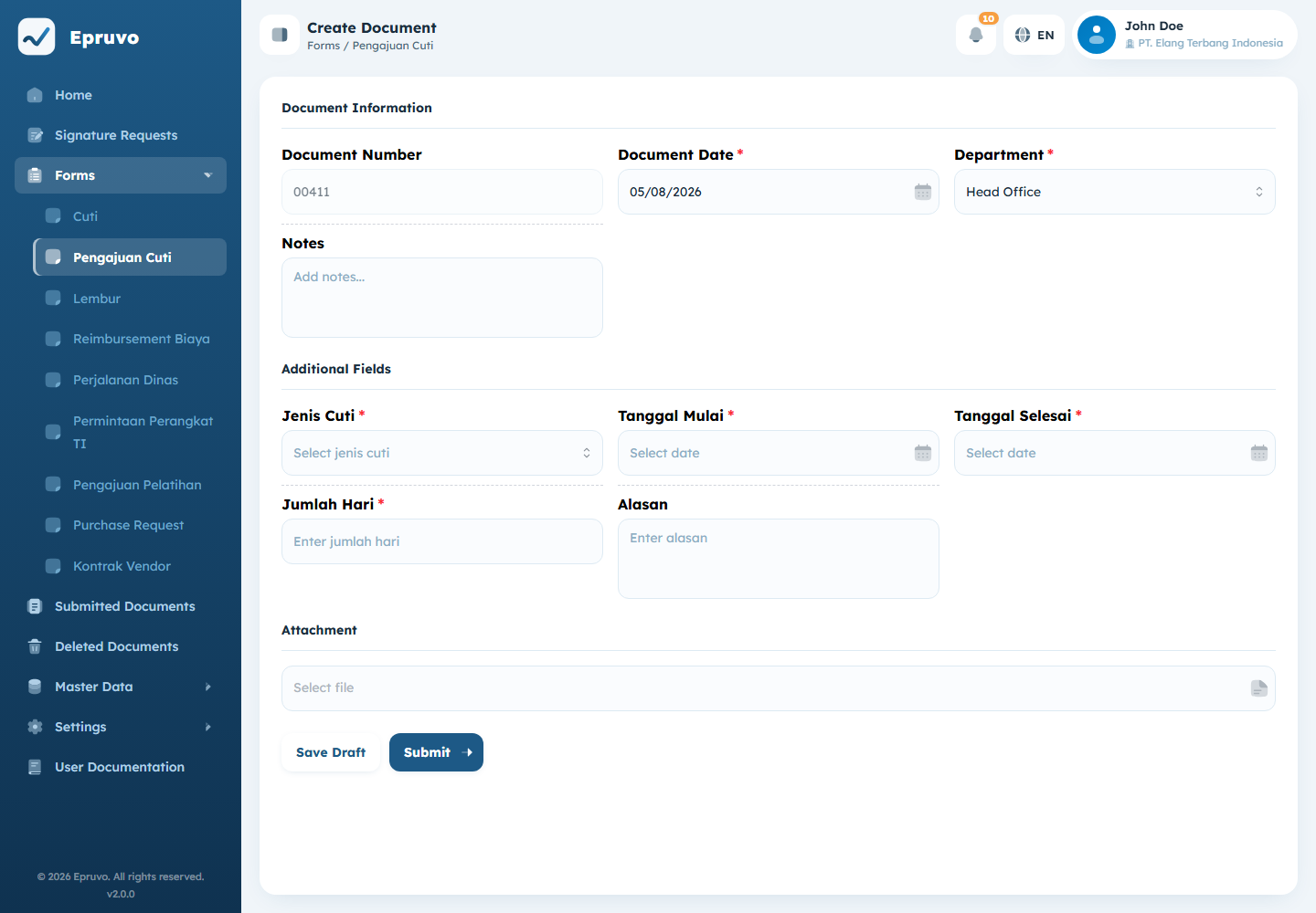 The create form with document information, additional fields, and the attachment area