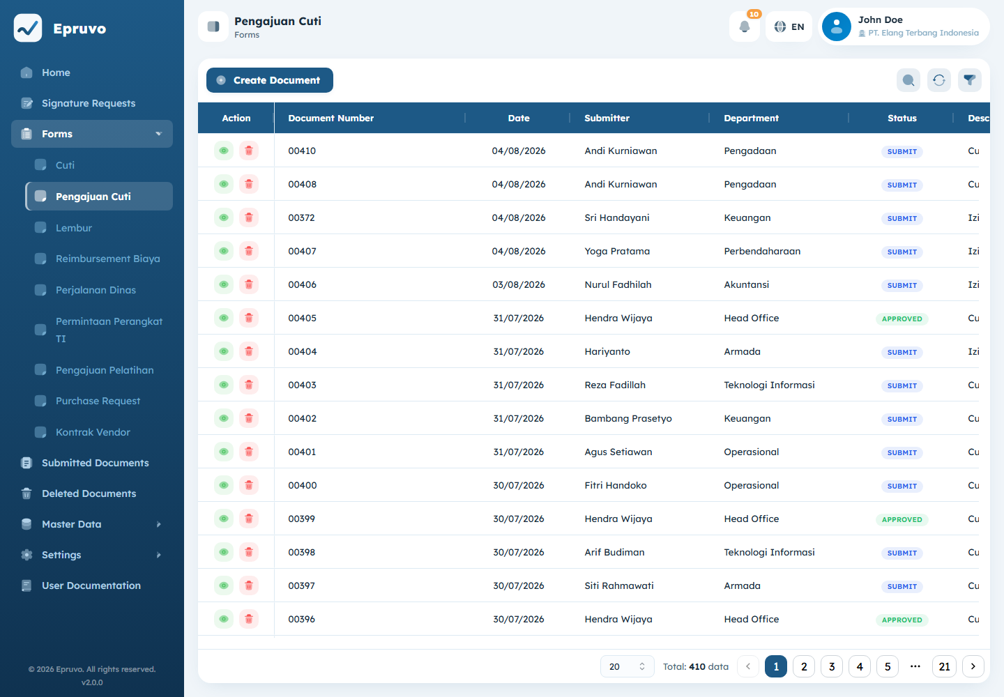 A form's document list with the Create Document button above the table
