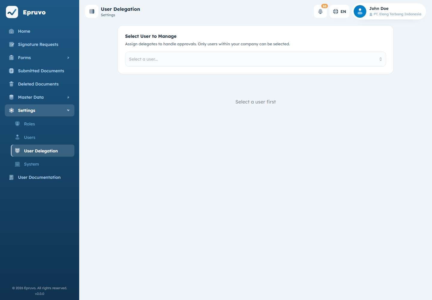 The delegation page for an administrator, with the Select User to Manage picker above the panels