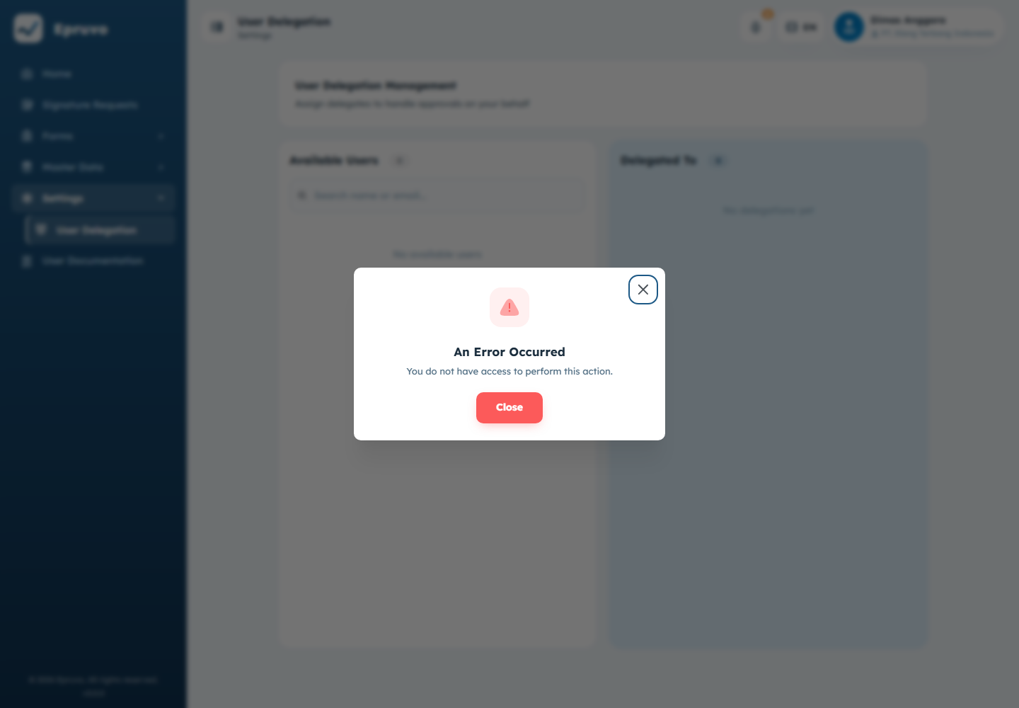The User Delegation page with the Available Users panel and the Delegated To panel